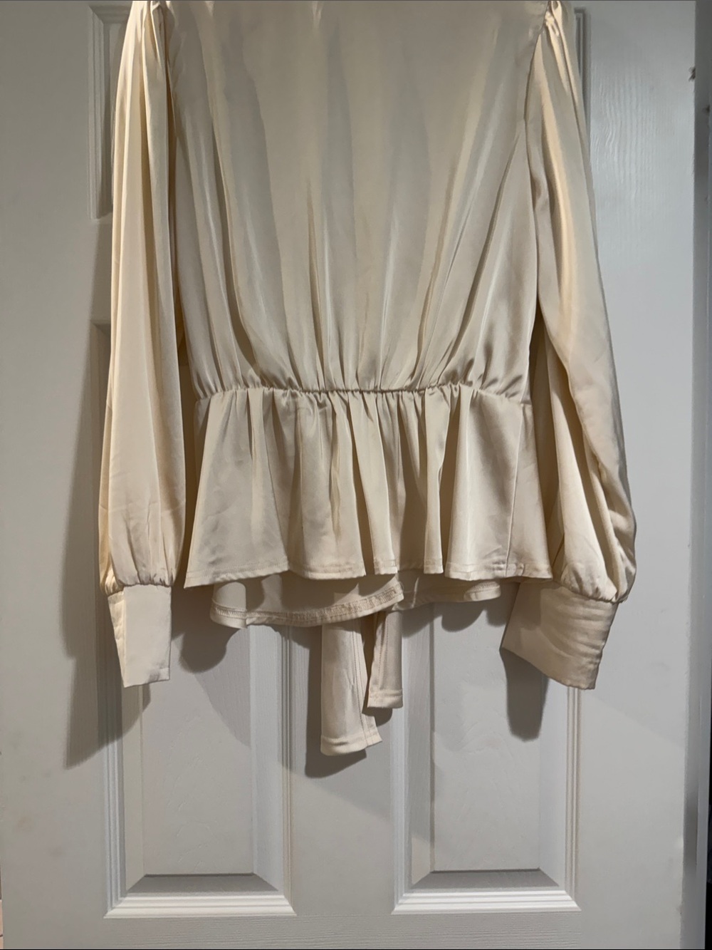 Cream Satin V-Neck Peplum Tie Blouse - Picture 5 of 9